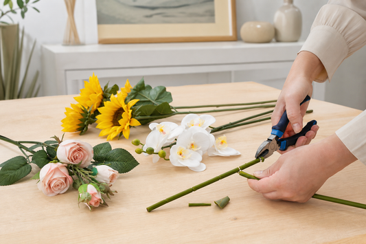 Wire cutters trimming a green artificial flower stem on a work table