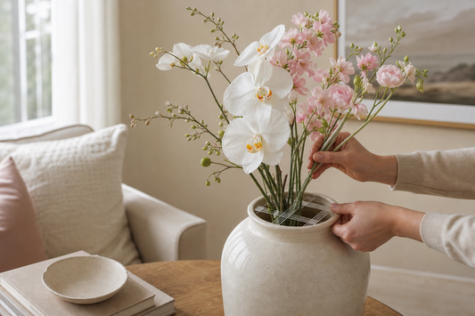 Artificial flowers held upright with a clear tape grid on a ceramic vase