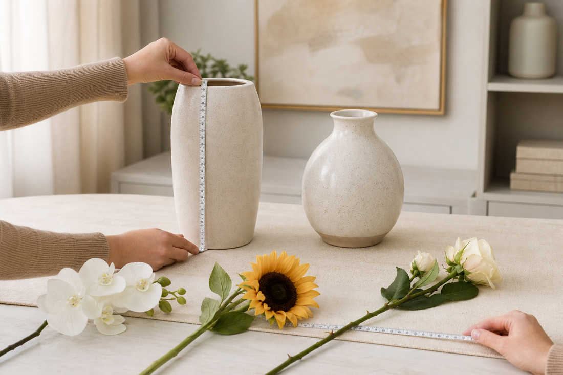 Measuring a ceramic vase and artificial flower stems for balanced proportions
