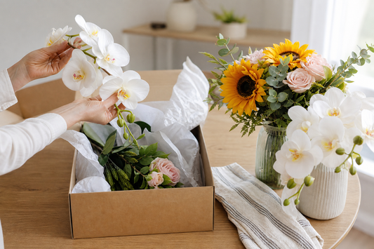 Hands gently reshaping artificial orchids after unpacking a shipping box