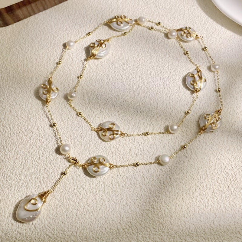 Wire-wrapped baroque coin pearl lariat necklace