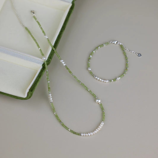 Peridot-look bead and pearl bracelet with matching necklace