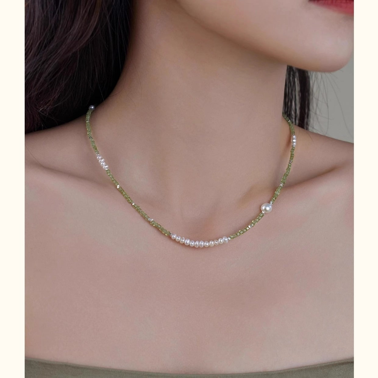 Peridot-look bead and freshwater pearl bracelet