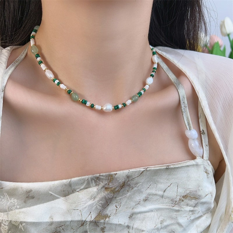 Aventurine and pearl necklace on a model