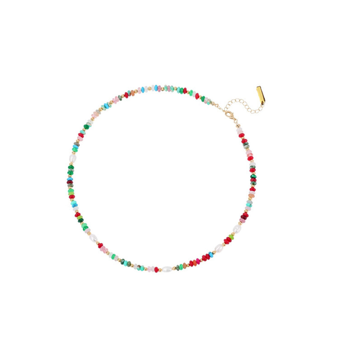 Mixed bead freshwater pearl necklace laid in a circle on white