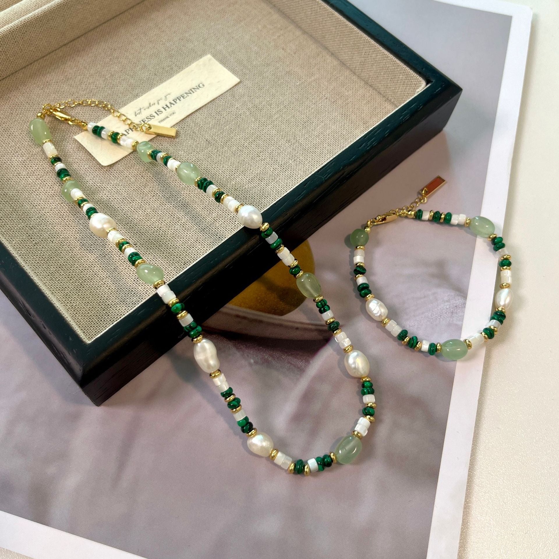 Aventurine and pearl bracelet with matching necklace