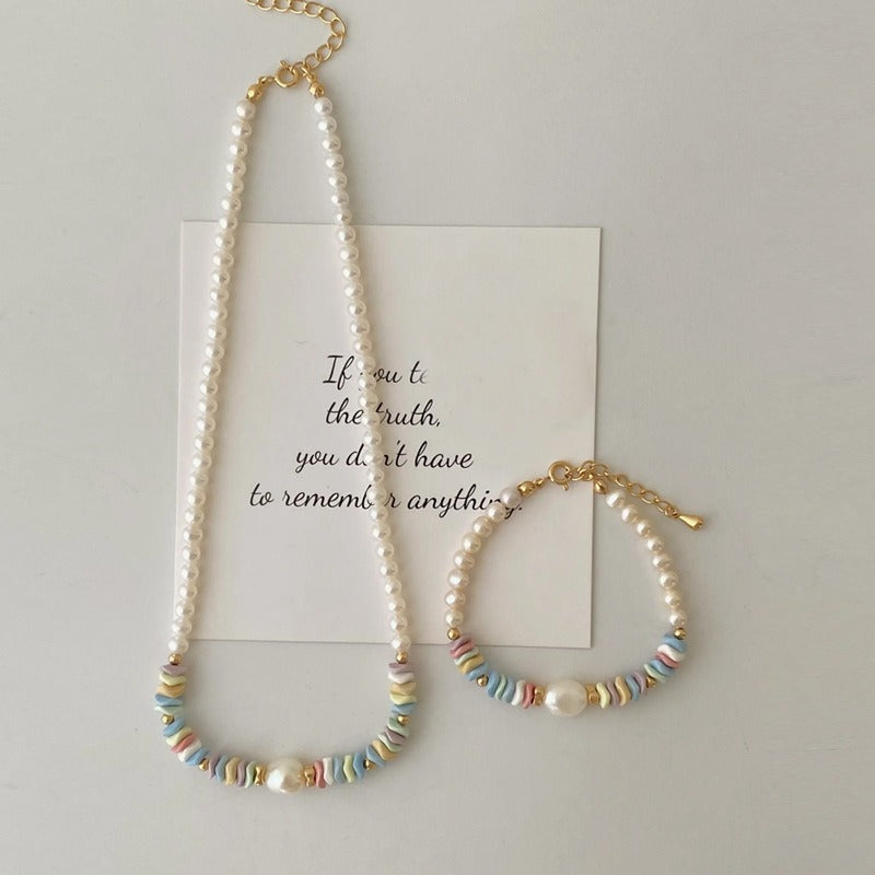 Pastel chip bead pearl necklace with matching bracelet