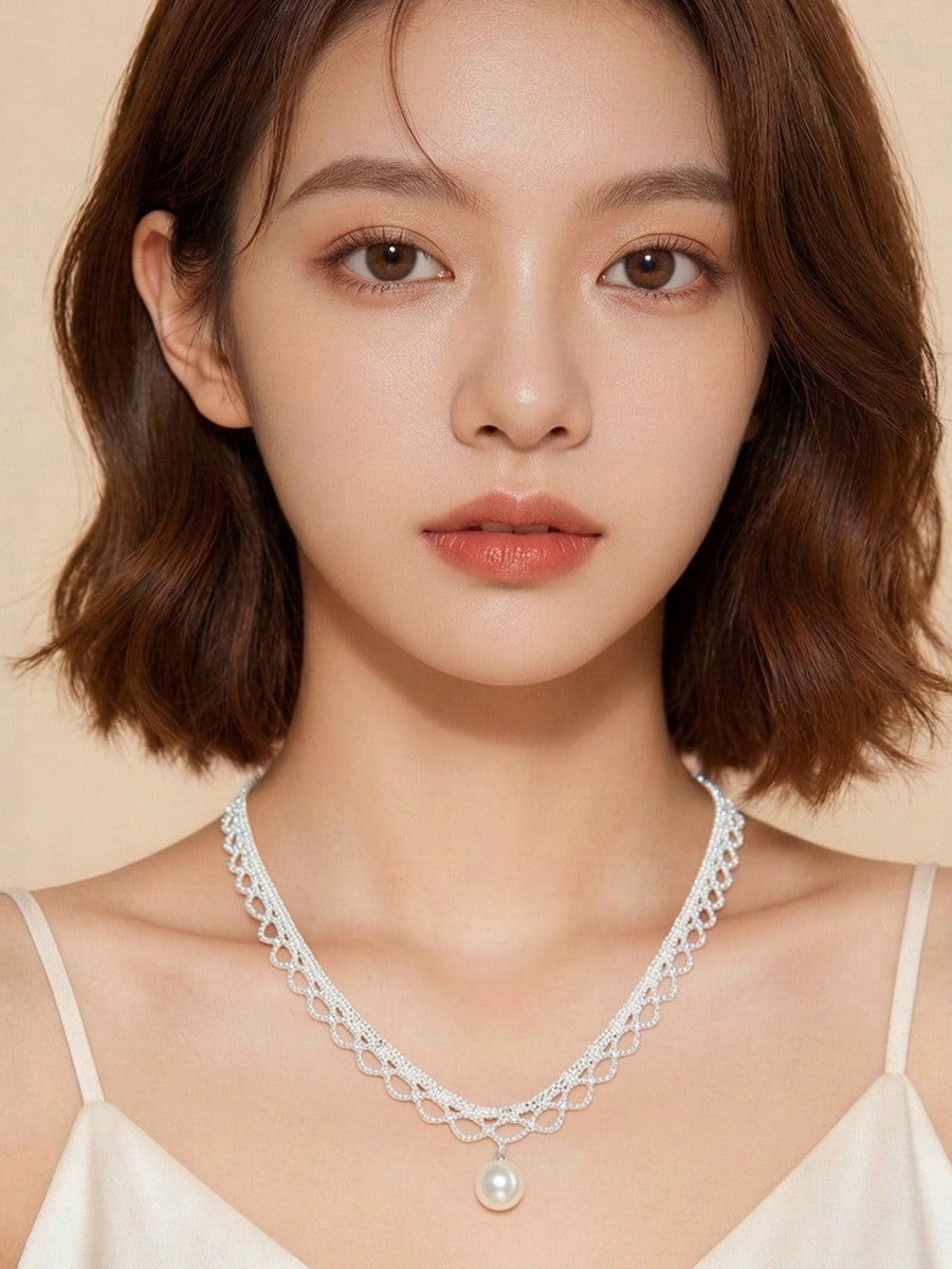 Silver lace freshwater pearl drop necklace